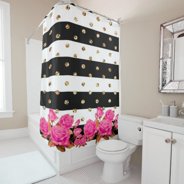 Elegante Black Stripes Gold Glitzer Dots Rosa Rose Duschvorhang (Beispiel)
