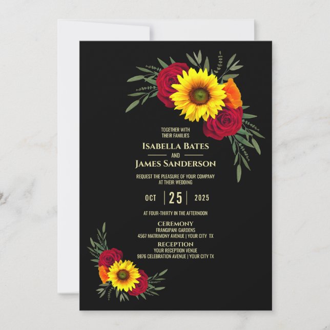 Elegante Black Sunflower Burgundy Rose Wedding Einladung (Vorderseite)