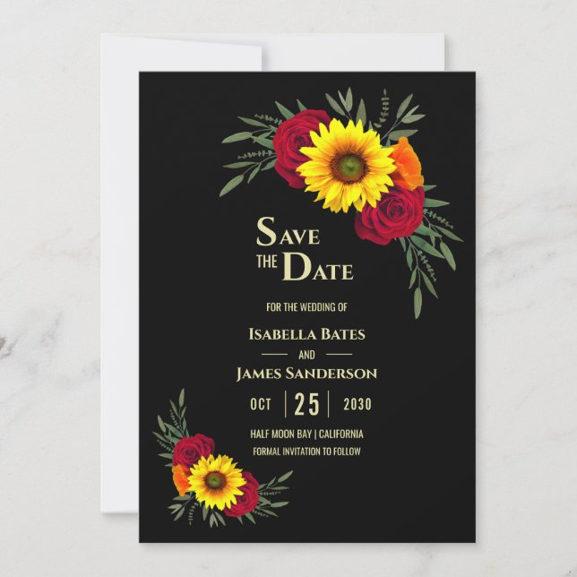 Elegante Black Sunflower Burgundy Rose Wedding Ret Save The Date (Vorderseite)