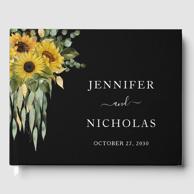 Elegante Black Sunflower Wedding Gästebuch (Vorderseite)