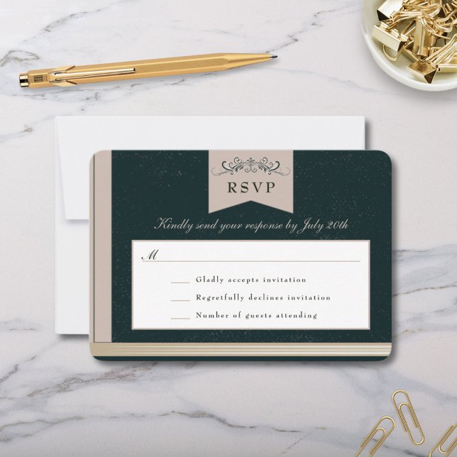 Elegante Black Tan Book Cover Wedding RSVP Card Karte (Elegant Vintage Library Wedding Book Cover RSVP response card in black and tan floral design)