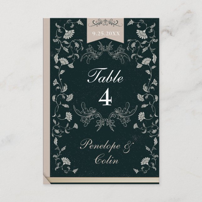 Elegante Black Tan Book Cover Wedding Tischnummer (Vorderseite)