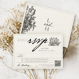 Elegante Black Vintag Floral Black & Ecru Wedding RSVP Karte