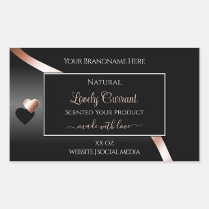 Elegante Black Wavy Rose Gold Hearts Produktmarken Rechteckiger Aufkleber