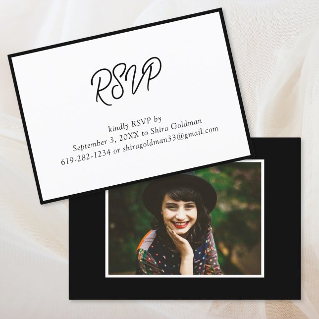 Elegante Black & White Bat Mitzvah Foto RSVP Karte (Elegant Black & White Bat Mitzvah Photo RSVP Card
)
