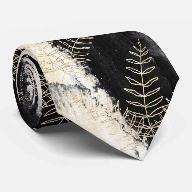 Elegante Black & White Gold Fern Leaf Hochzeit Krawatte (Gerollt)
