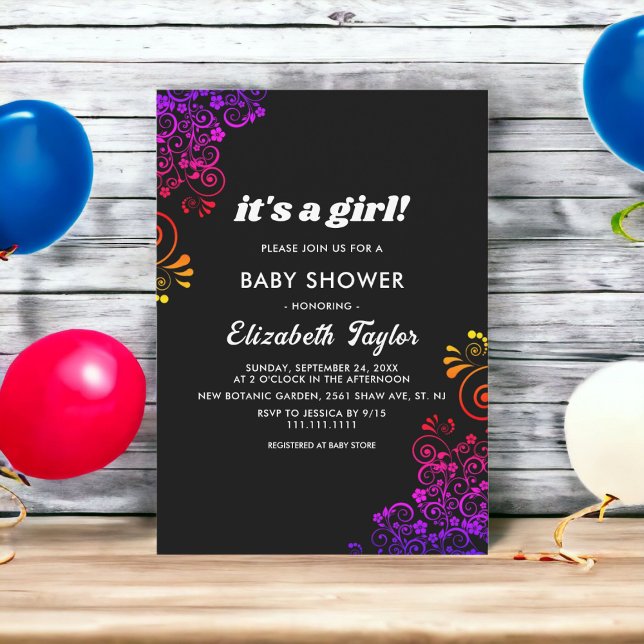 Elegante Black & White Neon Floral Girl Babydusche Einladung (Von Creator hochgeladen)