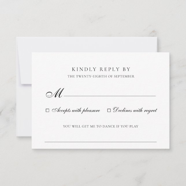 Elegante Black & White Song-Hochzeit RSVP Karte (Vorderseite)