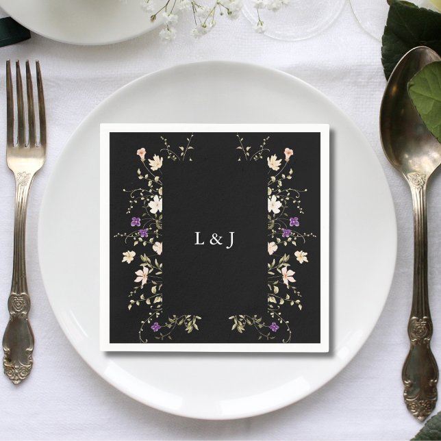 Elegante Black Wildblumen Floral Wedding Napkin Serviette (Von Creator hochgeladen)
