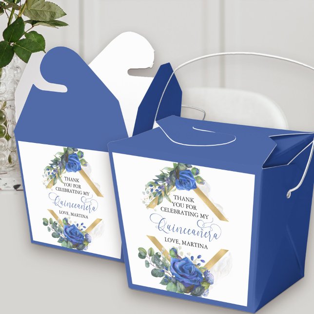 Elegante Bläserne Rose Eukalyptus Quinceanera Geschenkschachtel (Elegant Quinceanera favor boxes with thank you message with floral and royal blue theme)