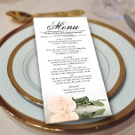Elegante, blasspfirsichfarbene Rose Menükarte<br><div class="desc">Dieses schöne Menü wird Ihrem Hochzeitsempfang etwas mehr Stil verleihen. Es zeichnet sich durch ein wunderschönes und romantisches Design aus. Die hellbeige oder blassrosa Rose des Single spiegelt sich in einem Wasserbecken mit Wellen und Wellen wider. Es gibt Platz für die Namen des Paares und das Hochzeitstag, und der Text...</div>