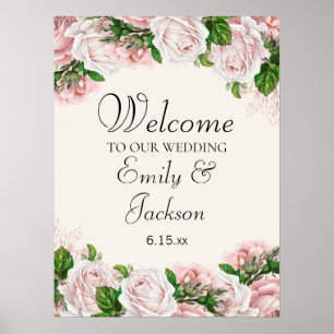 Elegante Blassrosa Floral auf Creme-Hochzeit Poster