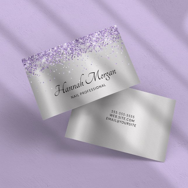 Elegante Blasssilber Ombre Foil Lila Glitzer Visitenkarte (Elegant Pale Silver Ombre Foil Purple Glitter Business Card)