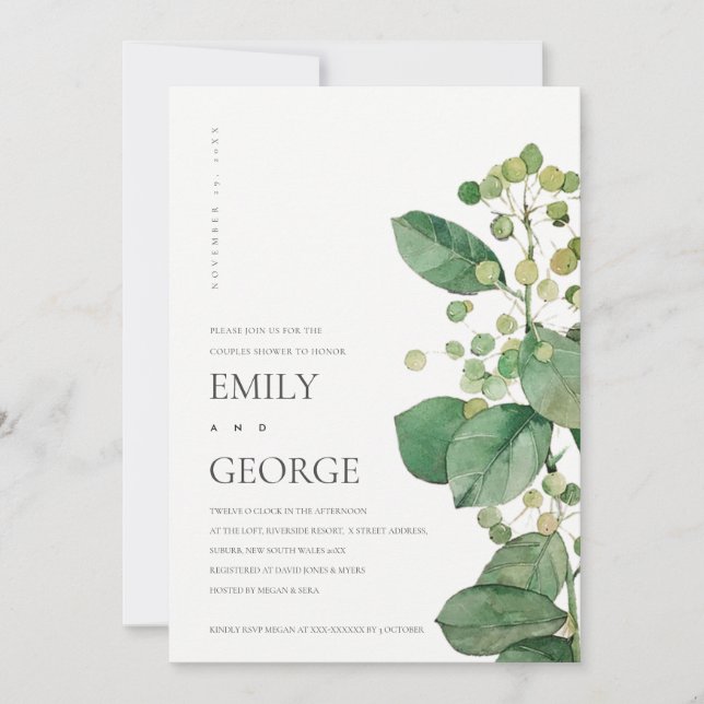 ELEGANTE BLÄTTER FOLIAGE GREENERY COUPLE SHOWCARD DANKESKARTE (Vorderseite)