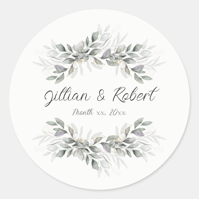 Elegante Blätter Hochzeit Runder Aufkleber (Vorderseite)