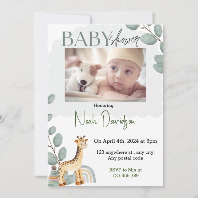 Elegante Blätter mit Babygiraffe und Spielzeug Einladung (Vorderseite)