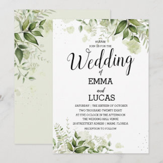 Elegante Blätter mit Splash Watercolor Hochzeit Einladung