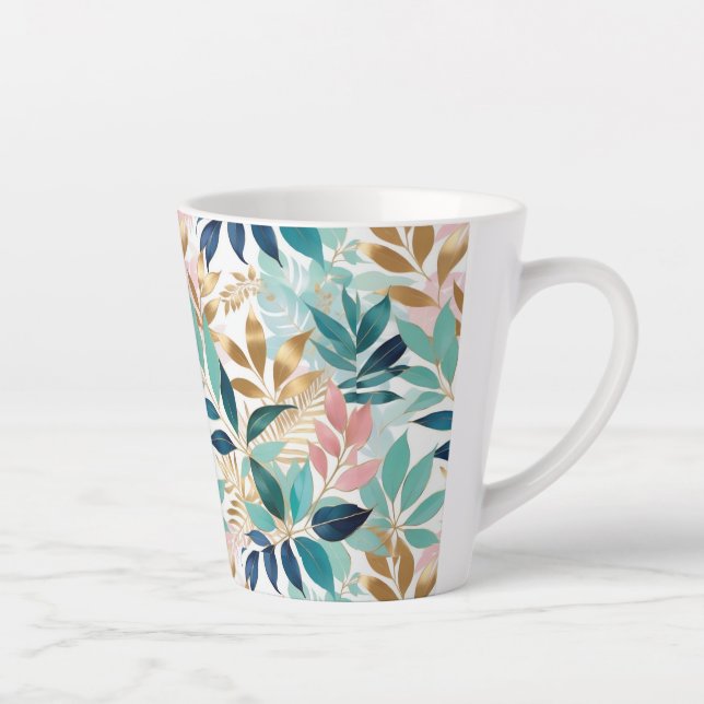 Elegante Blätter Muster Aqua Pink Imitate Gold Hüb Milchtasse (Rechts)