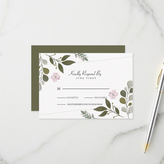 Elegante Blätter und Blume RSVP Karte (Vorderseite/Rückseite Beispiel)