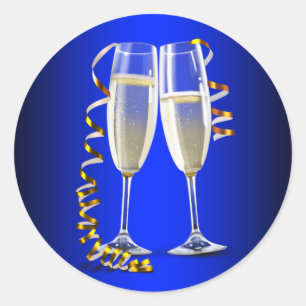 Elegante Blau Gold Champagnerglas Aufkleber