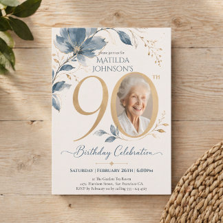 Elegante Blau & Gold Foto 90. Geburtstag Einladung