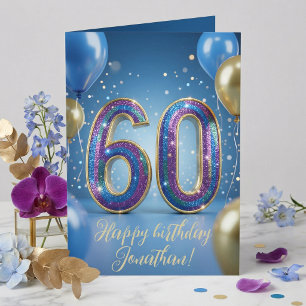 Elegante Blau Gold Glitzernde Ballons 60. Geburtst Karte