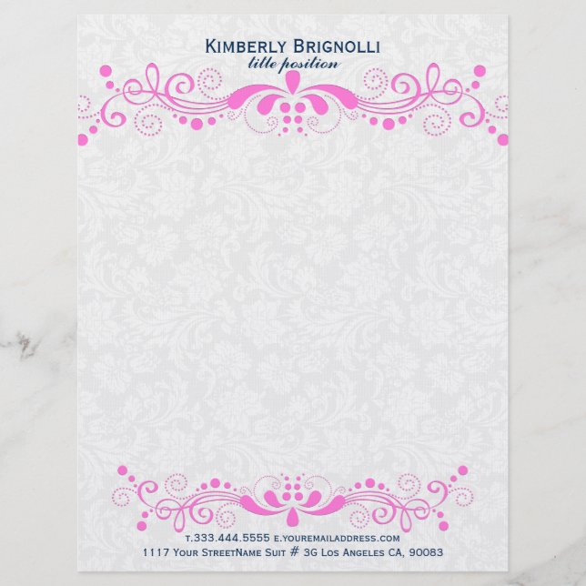 Elegante, blau-rosa Spitze mit weißen Damasken Briefbogen (Vorderseite)