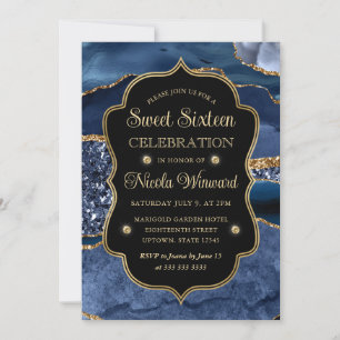 Elegante Blau- und Gold-Glitter-Achat-Sweet-Sixtee Einladung