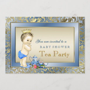 Elegante Blau-und Goldjungen-Tee-Party-Baby-Dusche Einladung