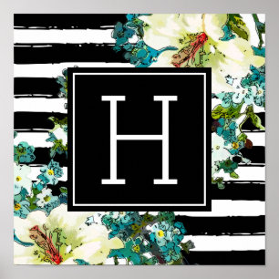 Elegante Blau- und Weiße Blume mit Monogramm Poster