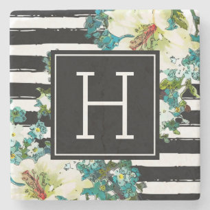 Elegante Blau- und Weiße Blume mit Monogramm Steinuntersetzer