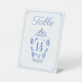 Elegante Blau-Weiß-Hochzeit-Tischnummer Sockelschild