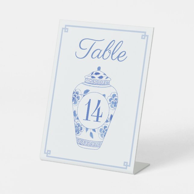 Elegante Blau-Weiß-Hochzeit-Tischnummer Sockelschild (Vorderseite)