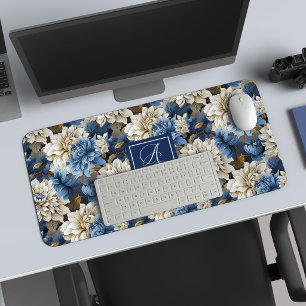 Elegante Blau-Weiße Blumen Luxus-Schreibtischunter Schreibtischunterlage
