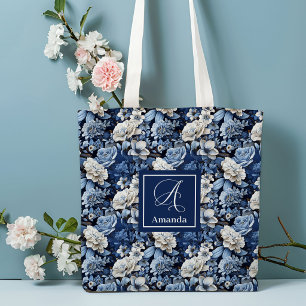 Elegante blau-weiße Blumen personalisierte Trageta Tasche