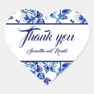 Elegante blau-weiße florale Toile Hochzeit Danke Herz-Aufkleber