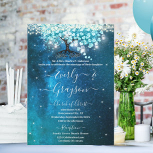 Elegante Blaue Aqua Türkis Herz Blatt Baum Hochzei Einladung