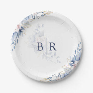 Elegante blaue Aquarell-Blumenhochzeit Pappteller