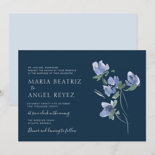 elegante blaue Aquarellblüte Einladung zur Hochzei (Vorne/Hinten)