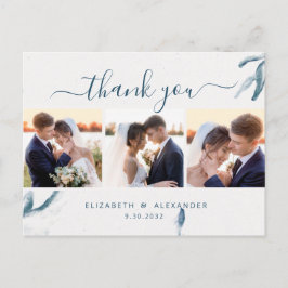 Elegante blaue Aquarellhochzeit 3 Foto vielen Dank Postkarte
