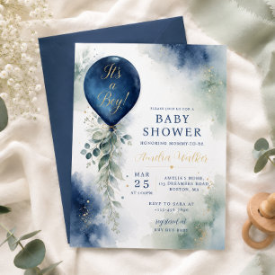 Elegante Blaue Ballon Botanische Babyparty Einladung