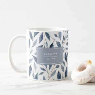 Elegante blaue Blatt-Tasse mit individuellem Namen Kaffeetasse