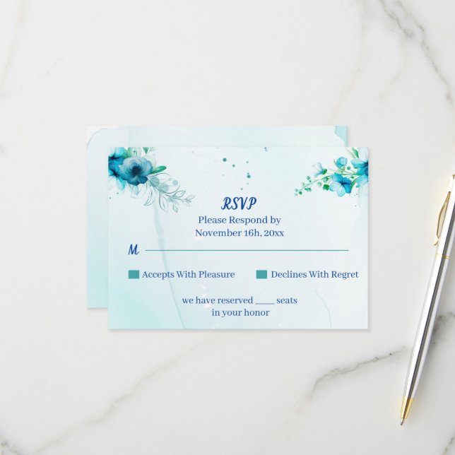 Elegante blaue Blume - individuelle Hochzeit RSVP Karte (Vorderseite/Rückseite Beispiel)