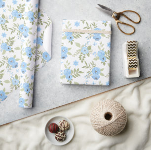 Elegante blaue Blumen & Botanik Grün Geschenkpapier