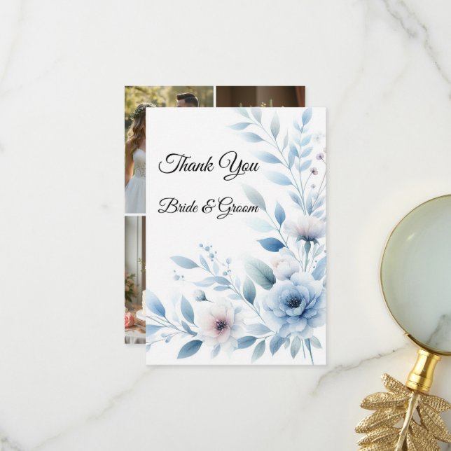 Elegante blaue Blumen-Foto-Dankeschönkarte Dankeskarte (Vorderseite/Rückseite Beispiel)