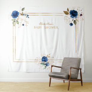 Elegante blaue Blumen-Gold-Jungen-Baby-Party-Requi Wandteppich