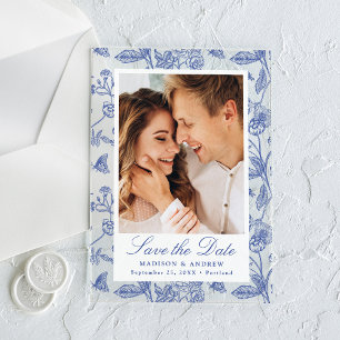 Elegante blaue Blumen-Hochzeits-Foto-Save-the-Date Acryleinladungen