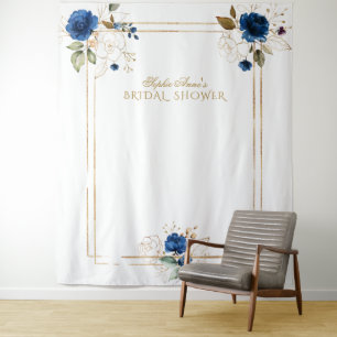 Elegante blaue Blumen-Hochzeitsdusche-Prop mit Gol Wandteppich