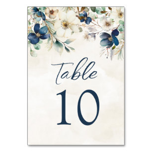 Elegante blaue Blumen-Hochzeitstisch-Nummern-Karte Tischnummer