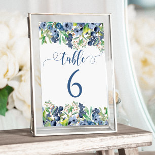 Elegante blaue Blumen Hochzeitstischnummern Einladung